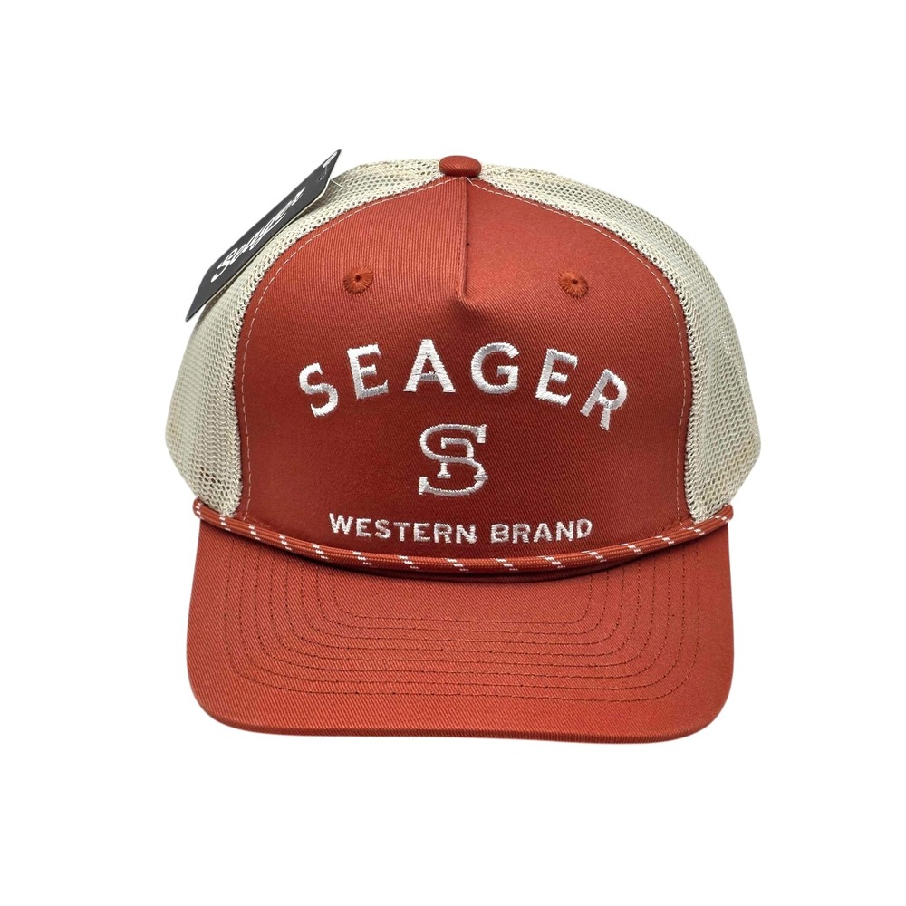 Seager Branded Trucker Rope Snapback Hat Cap Western Orange Cream Mesh Mens NWT